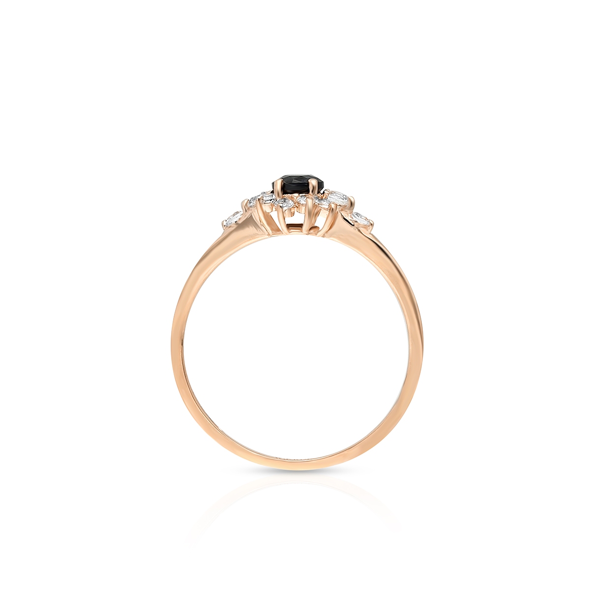 Pierścionek różowe złoto z czarnym szafirem i topazami