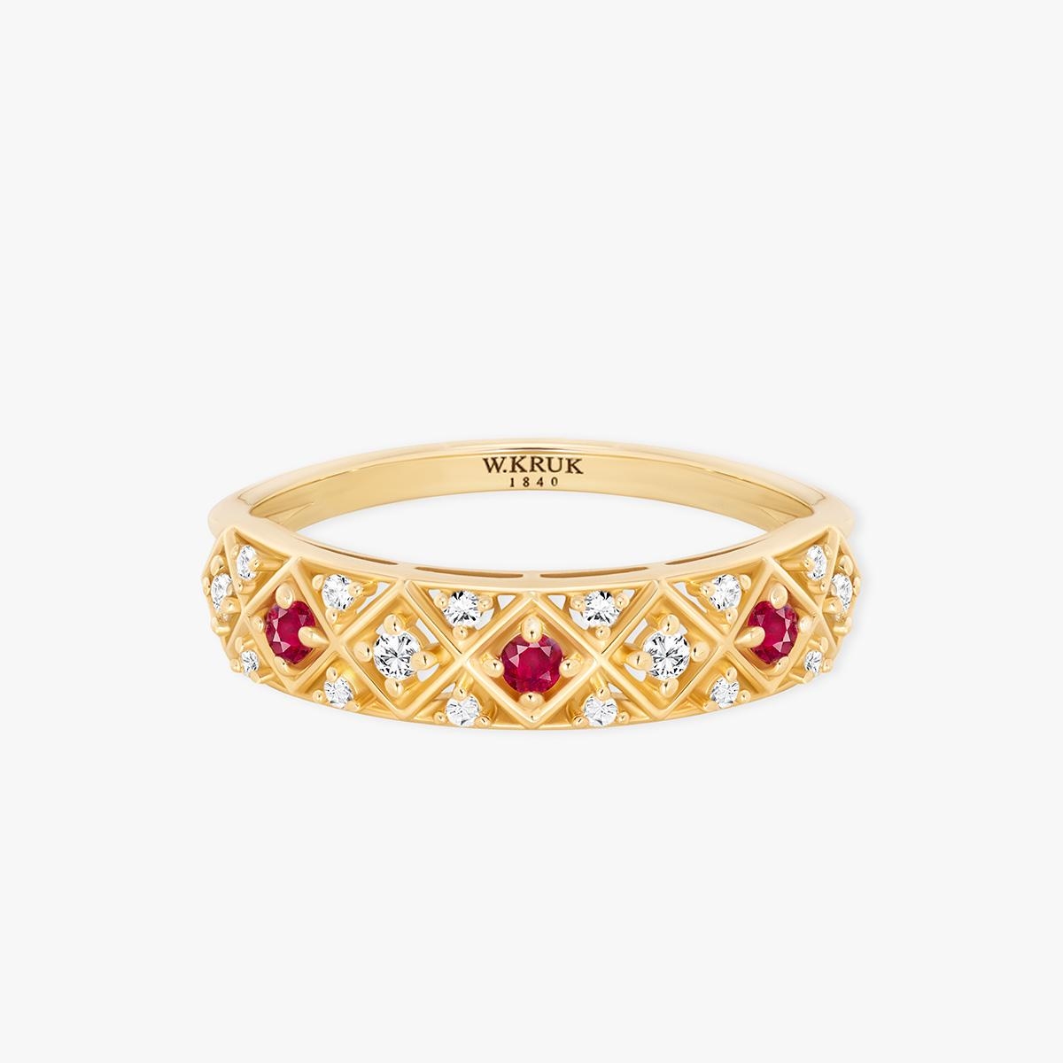 Pierścionek złoty z rubinami TRIO