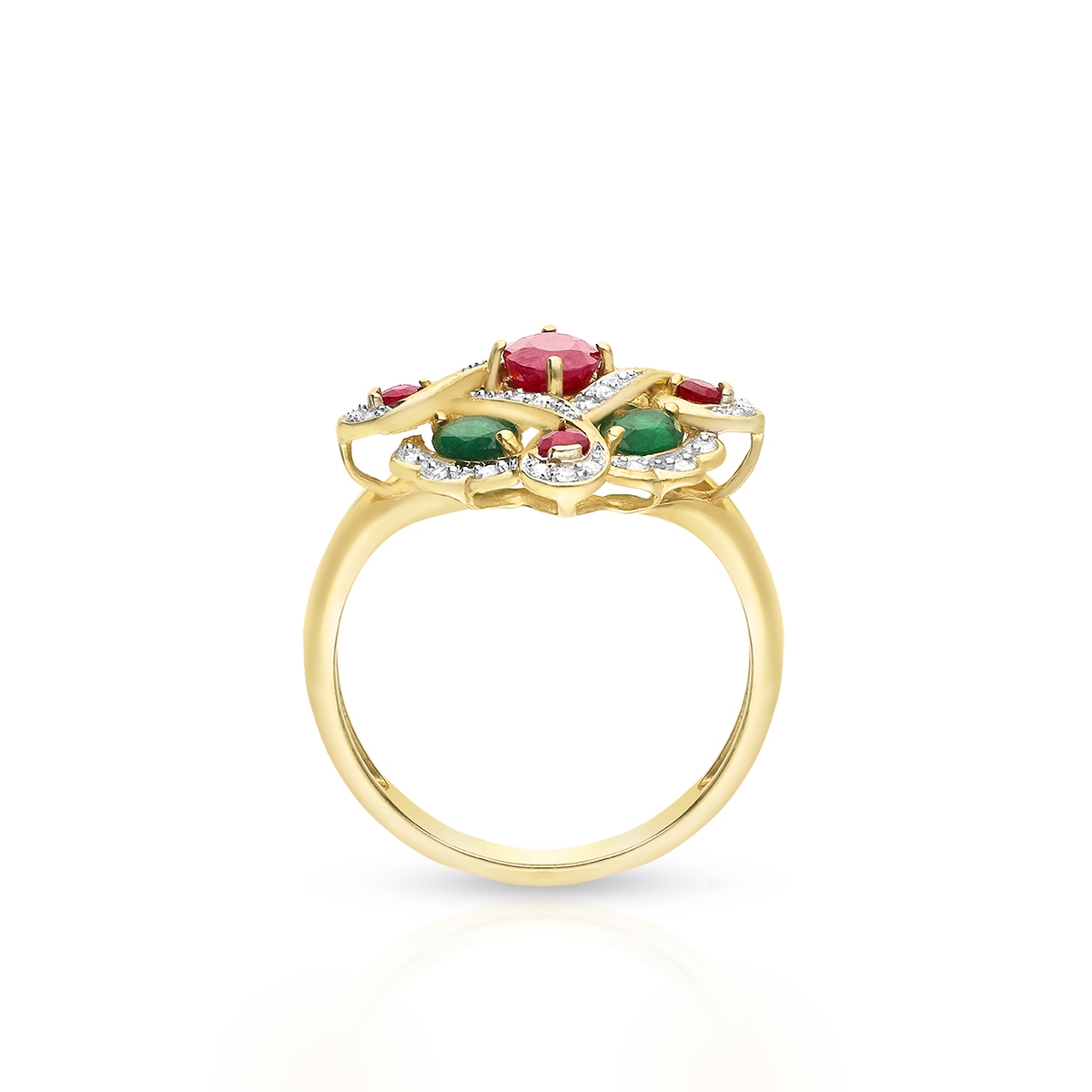Pierścionek złoty z diamentami, rubinami i szmaragdami