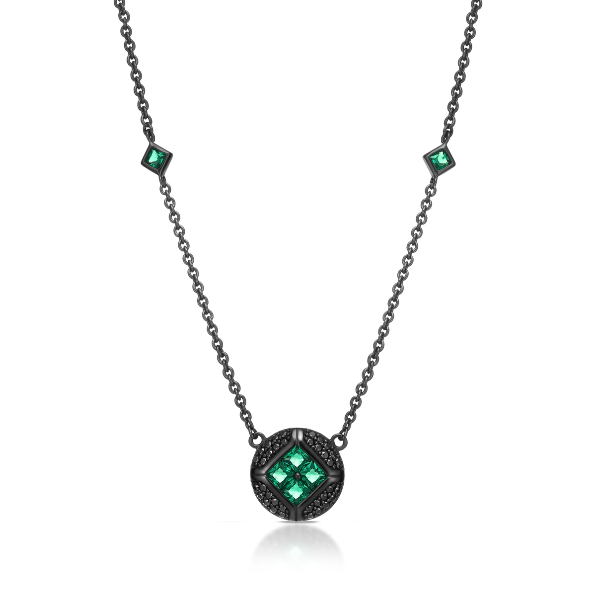 Naszyjnik srebrny z czarnymi i zielonymi cyrkoniami METEORY