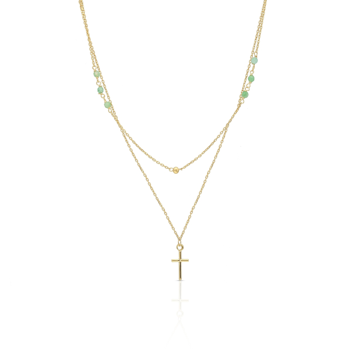 Naszyjnik złoty kaskadowy z jadeitami krzyżyk