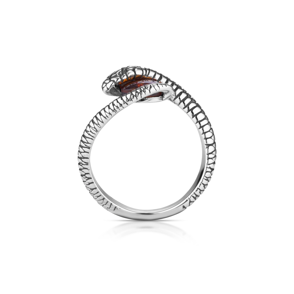 Pierścionek srebrny wąż z bursztynem