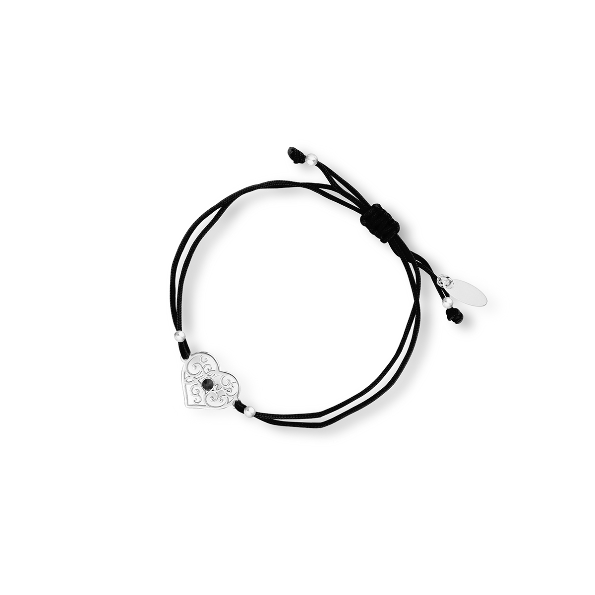 Bransoletka srebrna na czarnym sznurku z cyrkonią