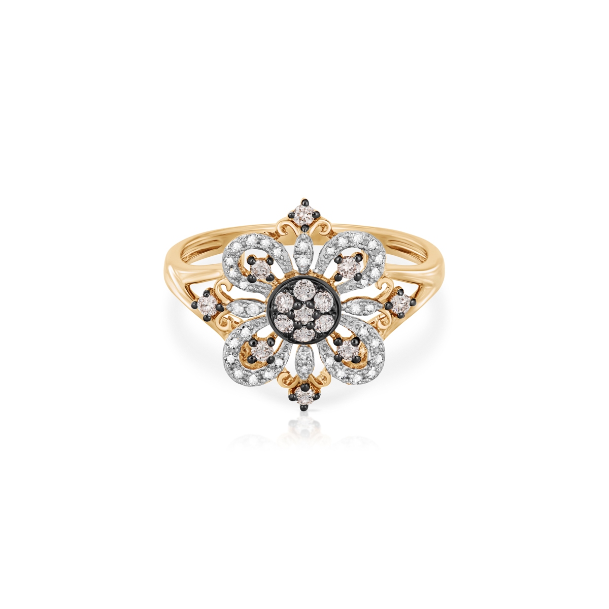 Pierścionek złoty z brązowymi brylantami i diamentami