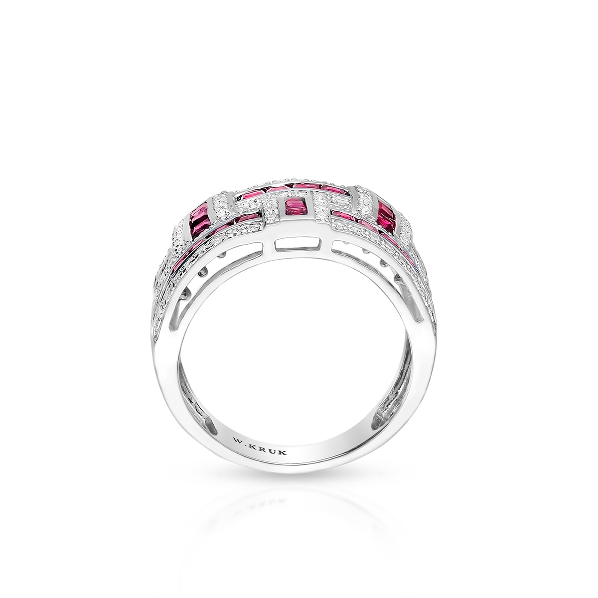 Pierścionek białe złoto z diamentami i rubinami