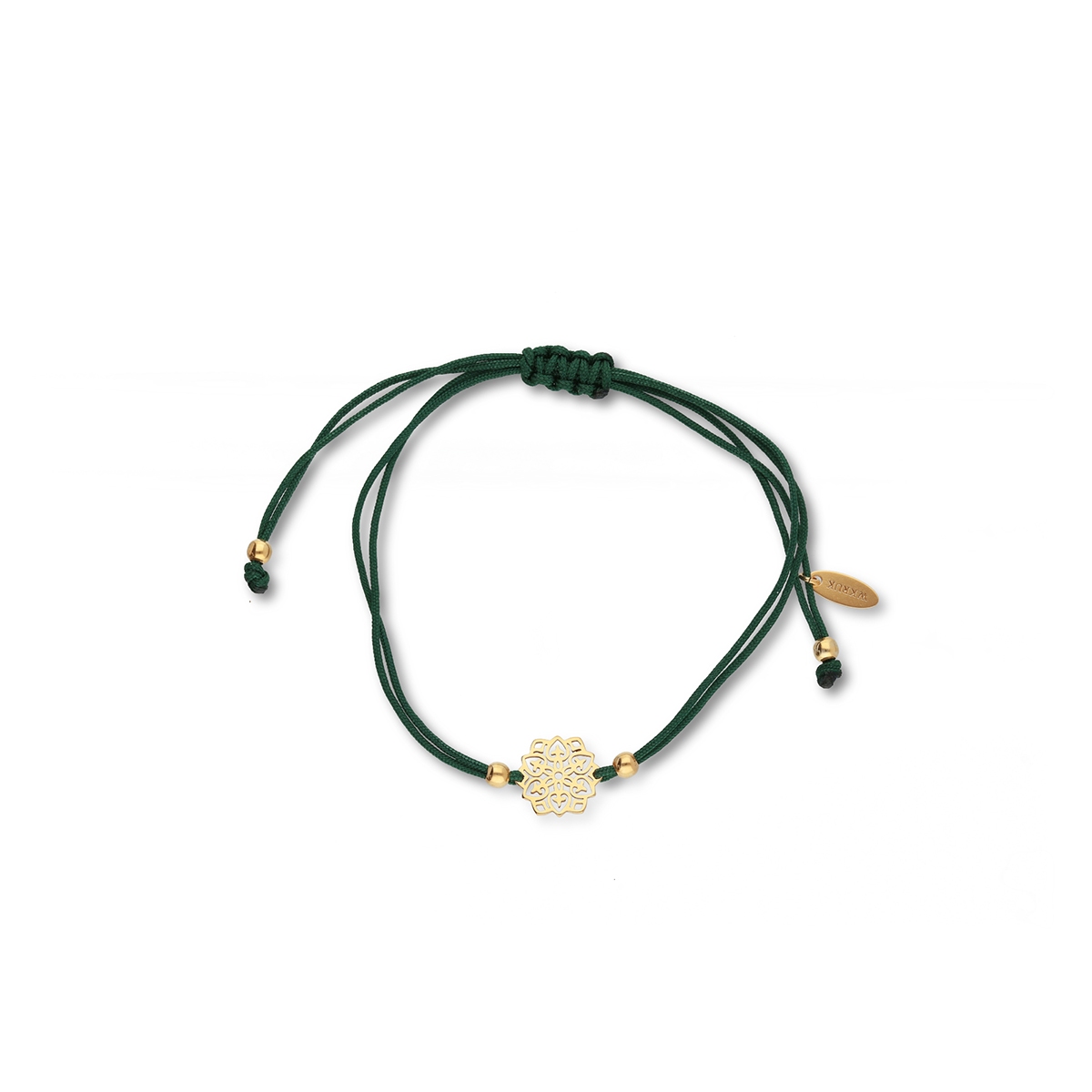 Bransoletka srebrna na zielony sznurku arabeska