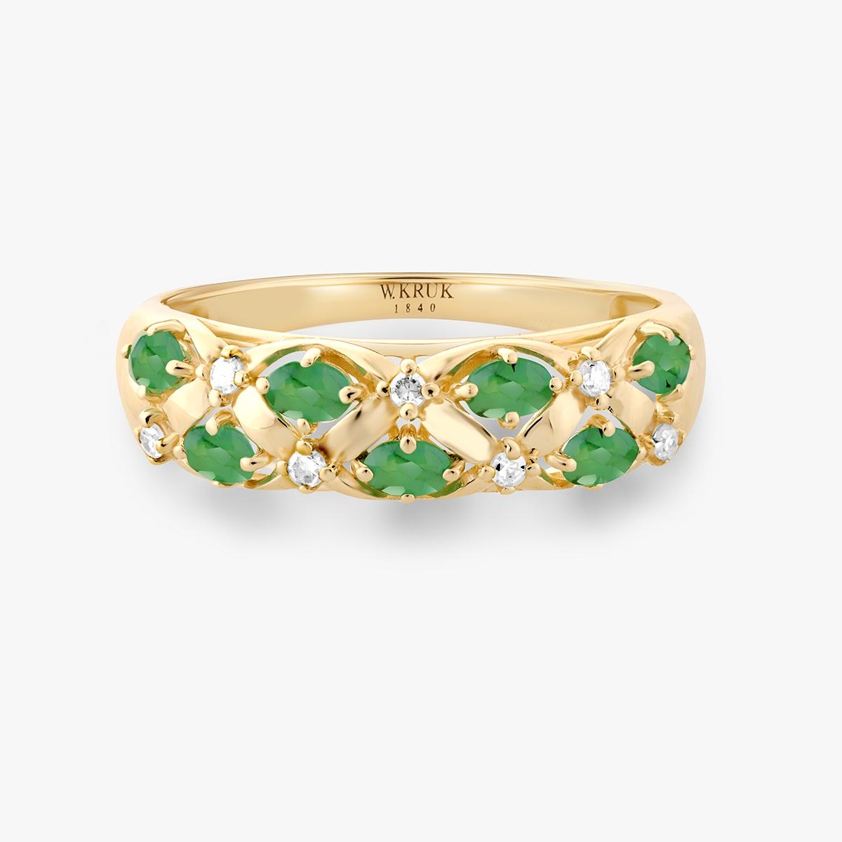 Pierścionek złoty ze szmaragdami i diamentami Trio