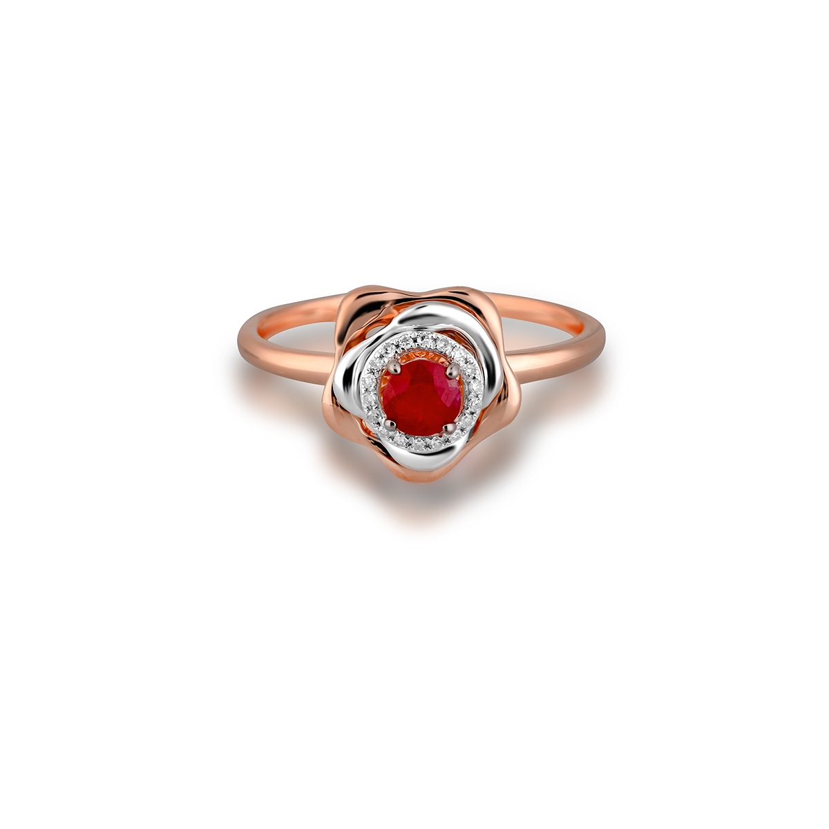 Pierścionek złoty bicolor z rubinami i diamentami