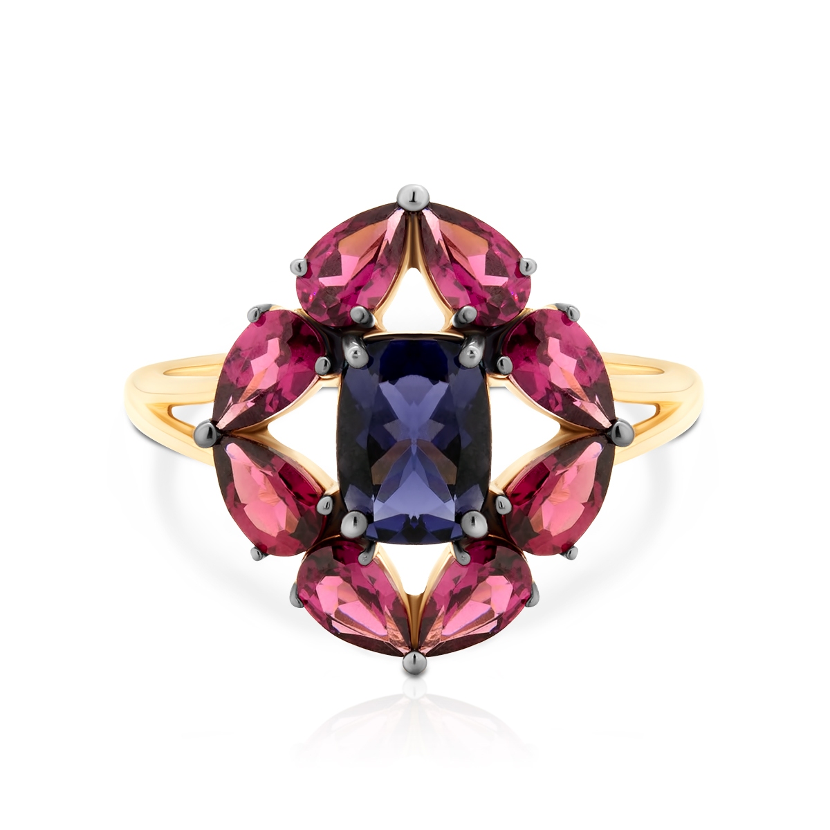 Pierścionek złoty z iolitem i rodolitem