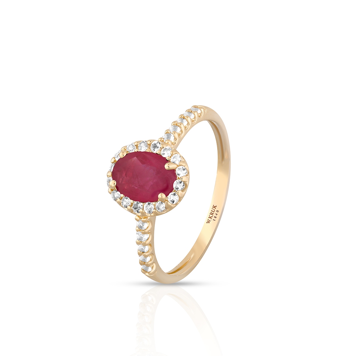 Pierścionek złoty z rubinem i białym topazem