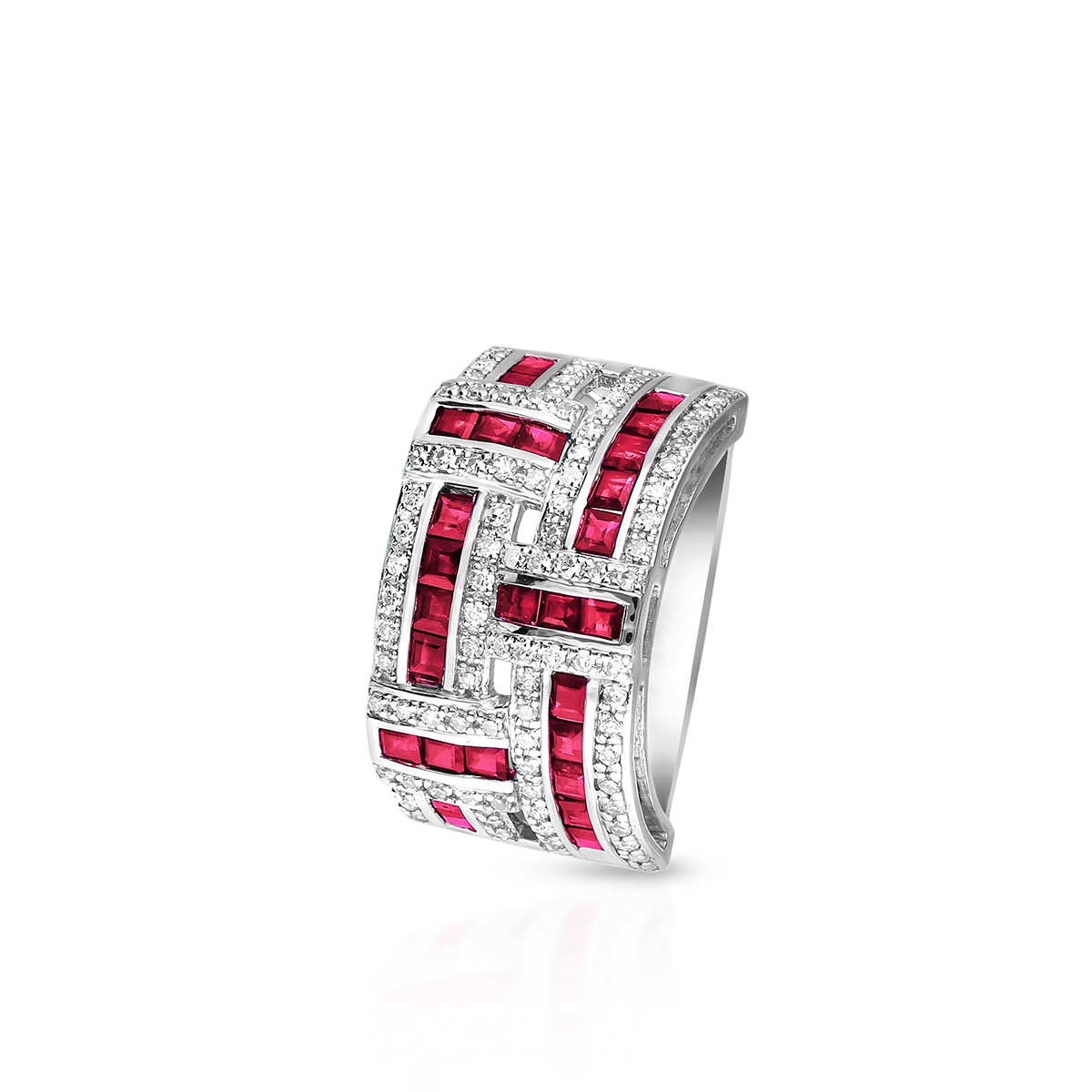 Pierścionek białe złoto z diamentami i rubinami