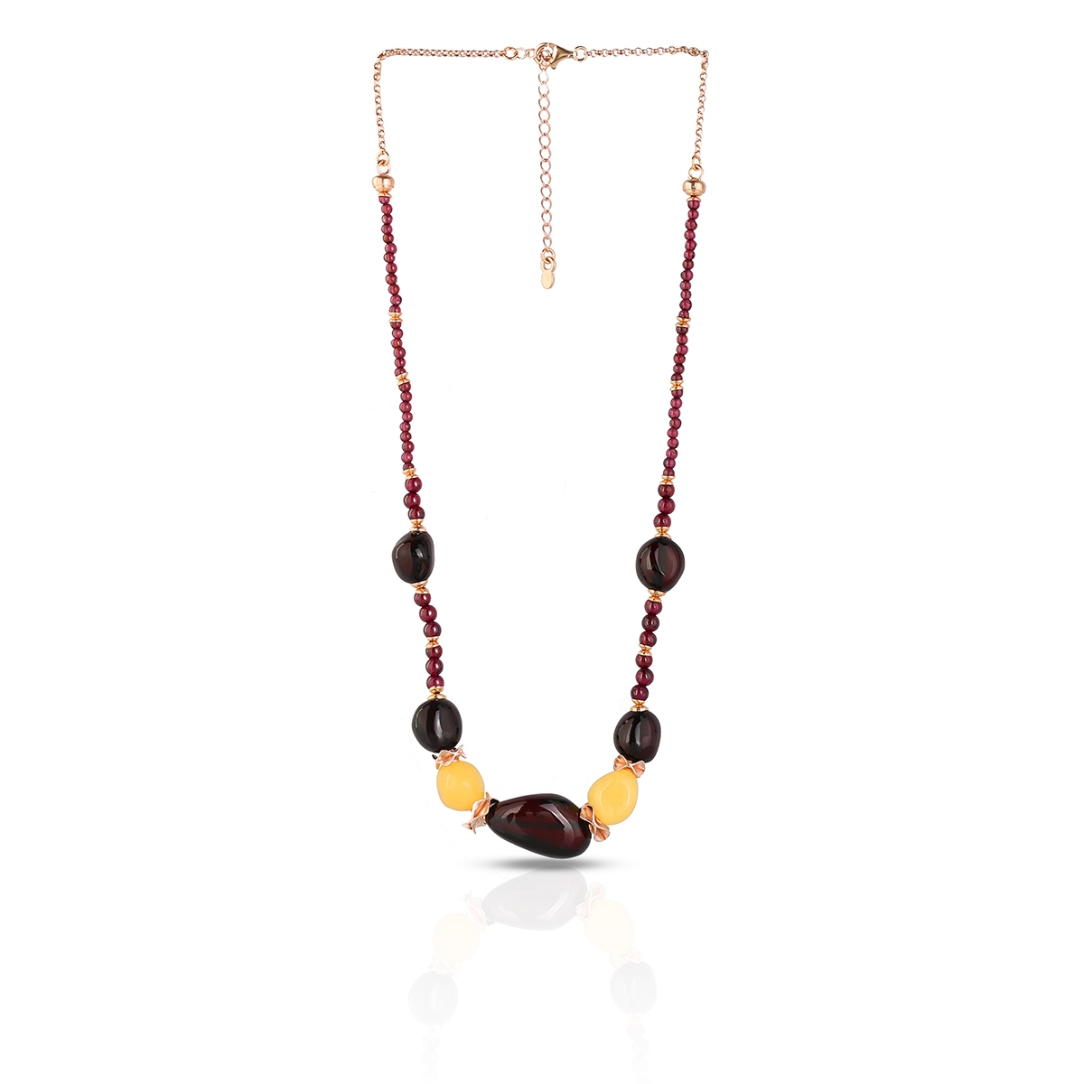Naszyjnik pozłacany z bursztynami i granatami
