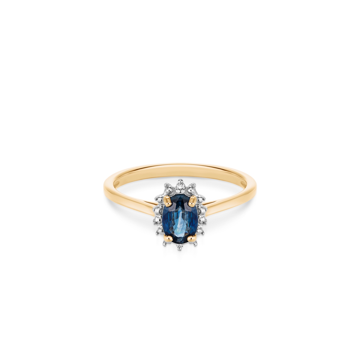 Pierścionek złoty bicolor z szafirem i diamentami