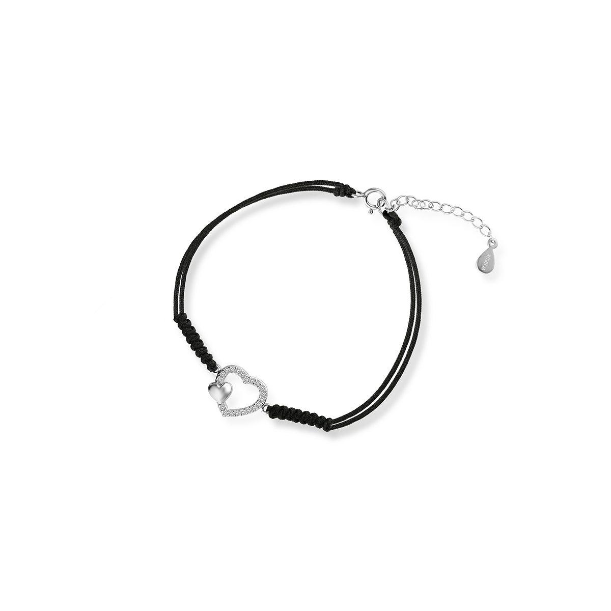 Bransoletka srebrna celebrytka na czarnym sznurku serce