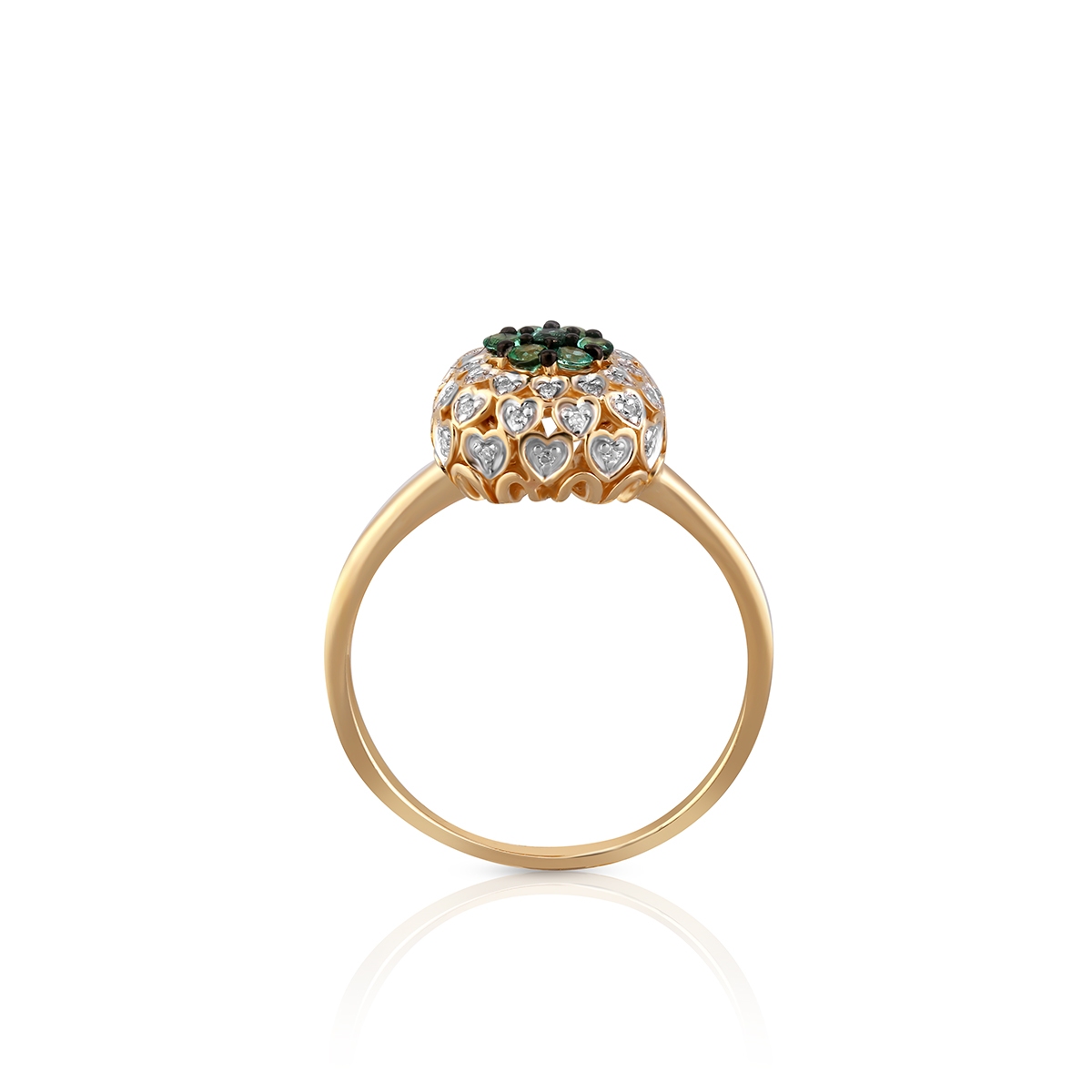 Pierścionek złoty bicolor z diamentami i szmaragdami