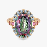 Pierścionek złoty z topazami i rodolitami