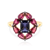 Pierścionek złoty z iolitem i rodolitem