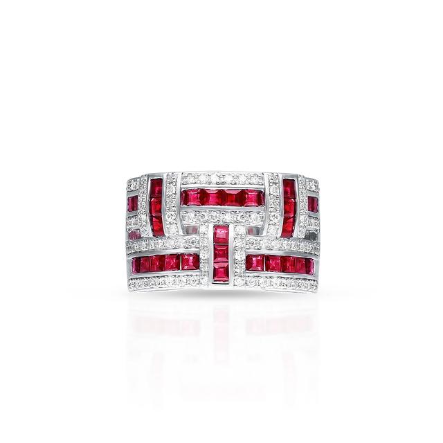 Pierścionek białe złoto z diamentami i rubinami