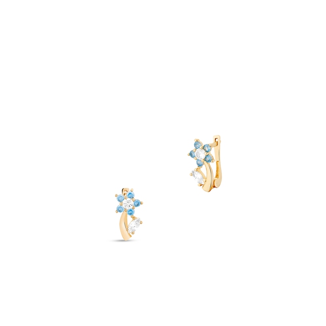 Kolczyki złote kwiatuszki z niebieskimi cyrkoniami