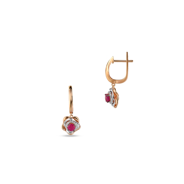 Kolczyki złote bicolor z rubinami i diamentami