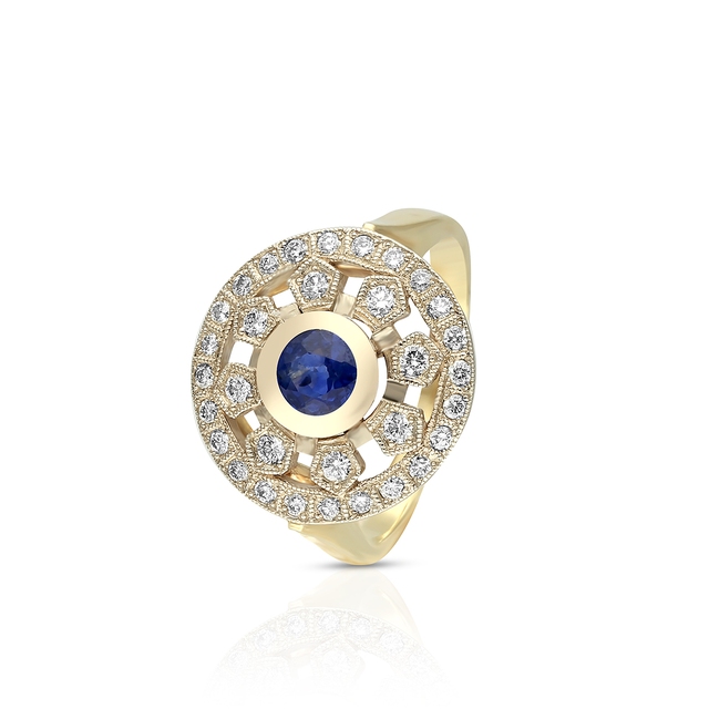 Pierścionek złoty z szafirem oraz brylantami