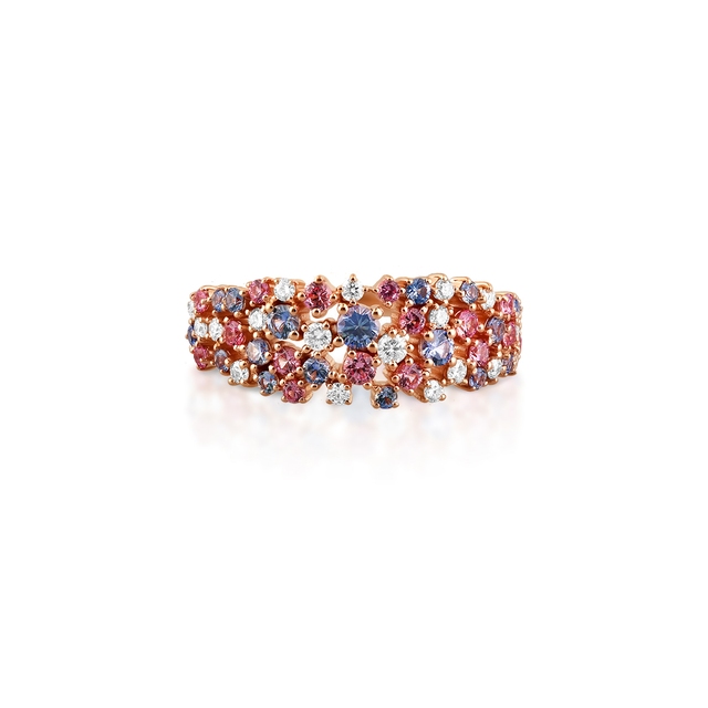 Pierścionek różowe złoto z brylantami i szafirami