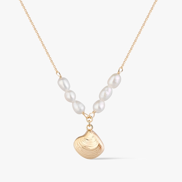Naszyjnik złoty z perłami i muszlą Santorini