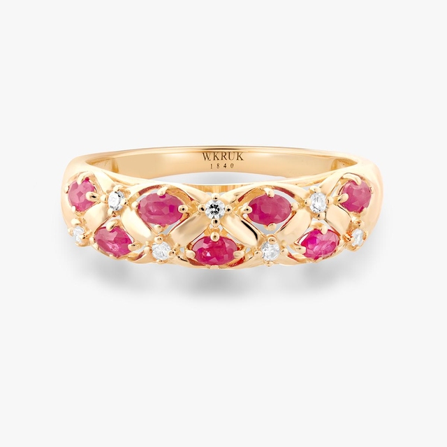 Pierścionek złoty z rubinami i diamentami Trio