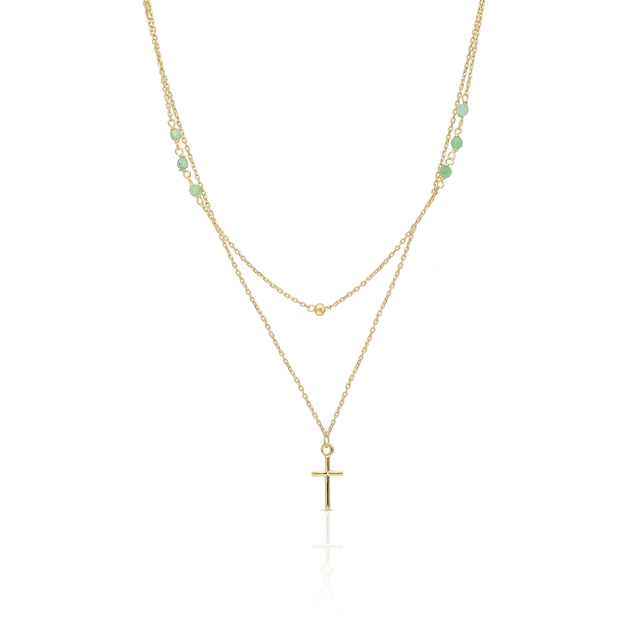Naszyjnik złoty kaskadowy z jadeitami krzyżyk