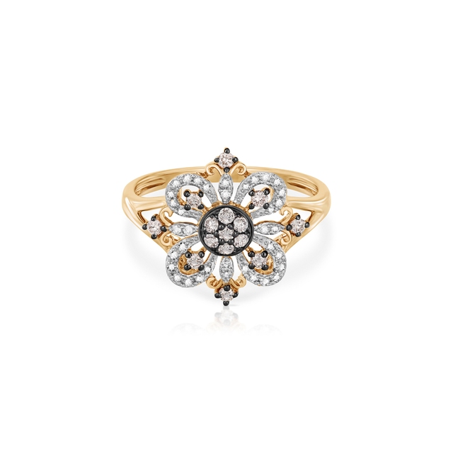 Pierścionek złoty z brązowymi brylantami i diamentami