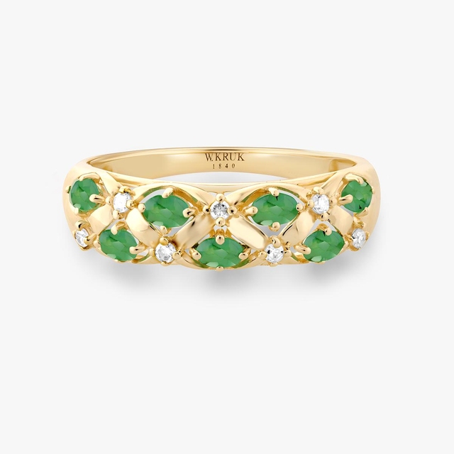 Pierścionek złoty ze szmaragdami i diamentami Trio