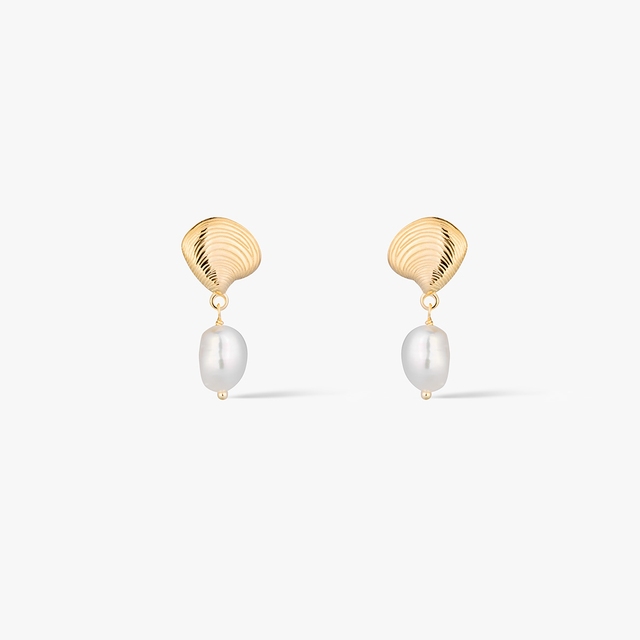 Kolczyki złote z muszlą i perłą Santorini