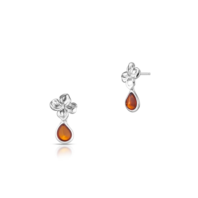 Kolczyki srebrne z kwiatem i bursztynem