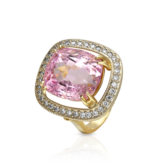 Pierścionek złoty z kunzytem i brylantami