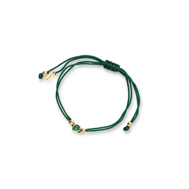 Bransoletka srebrna pozłacana na zielonym sznurku z cyrkonią
