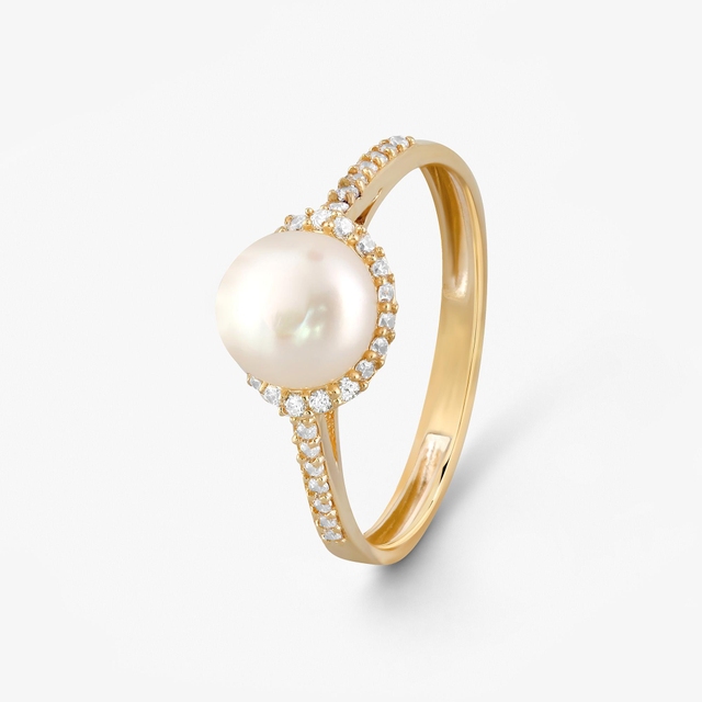 Pierścionek złoty z perłą i cyrkoniami