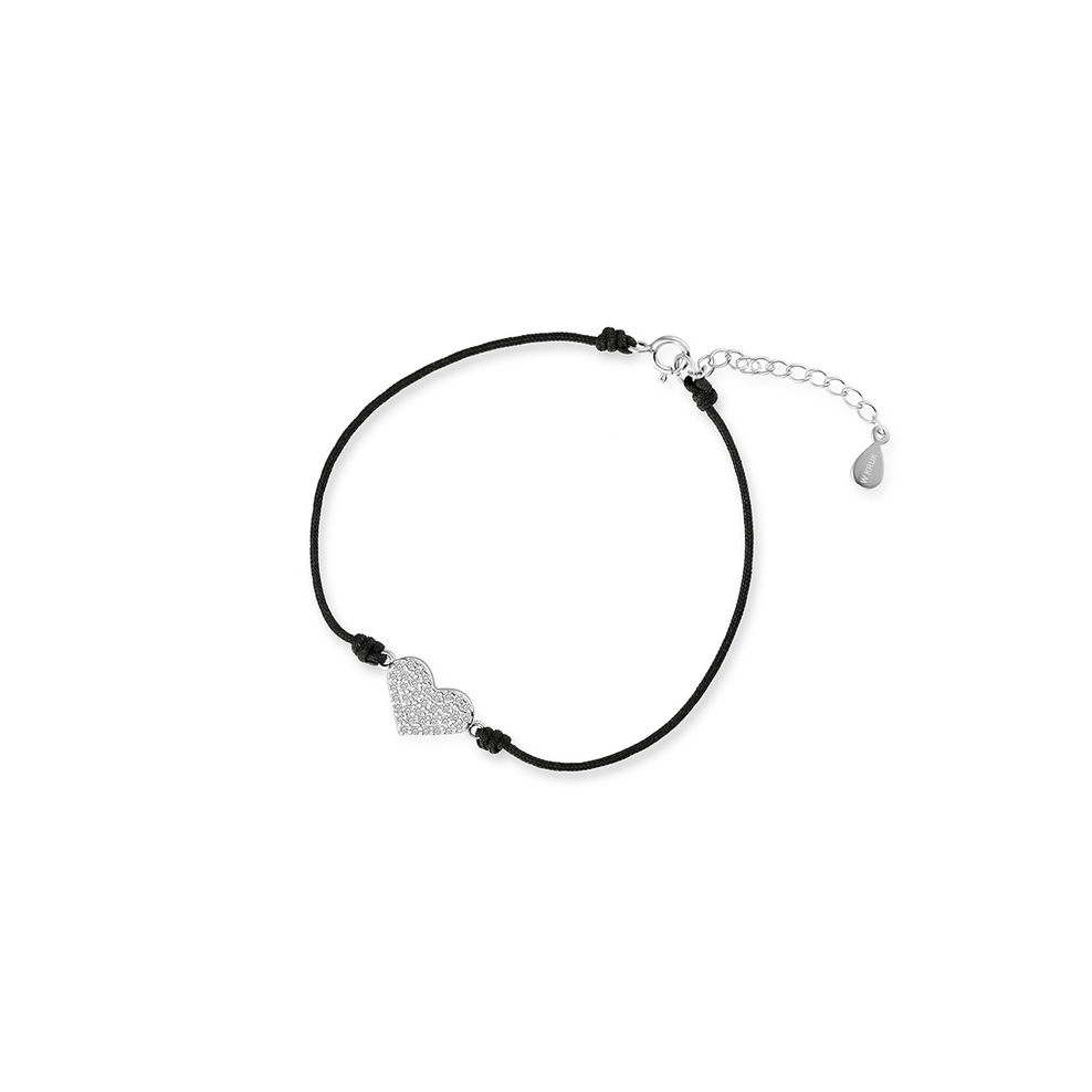 Bransoletka srebrna celebrytka na czarnym sznurku serce