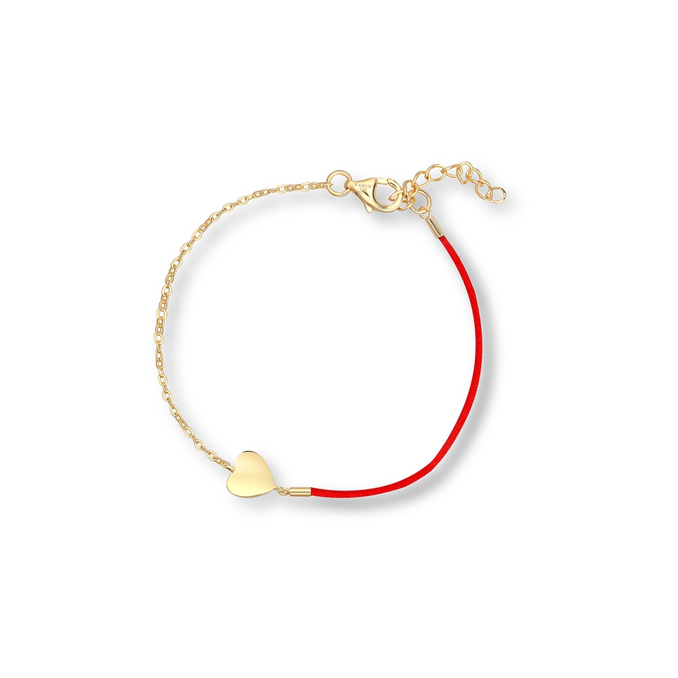 Bransoleta srebrna pozłacana z sercem i czerwonym sznurkiem