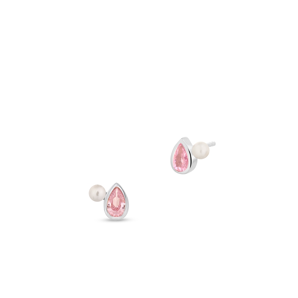 Kolczyki srebrne z perłą i różową cyrkonią