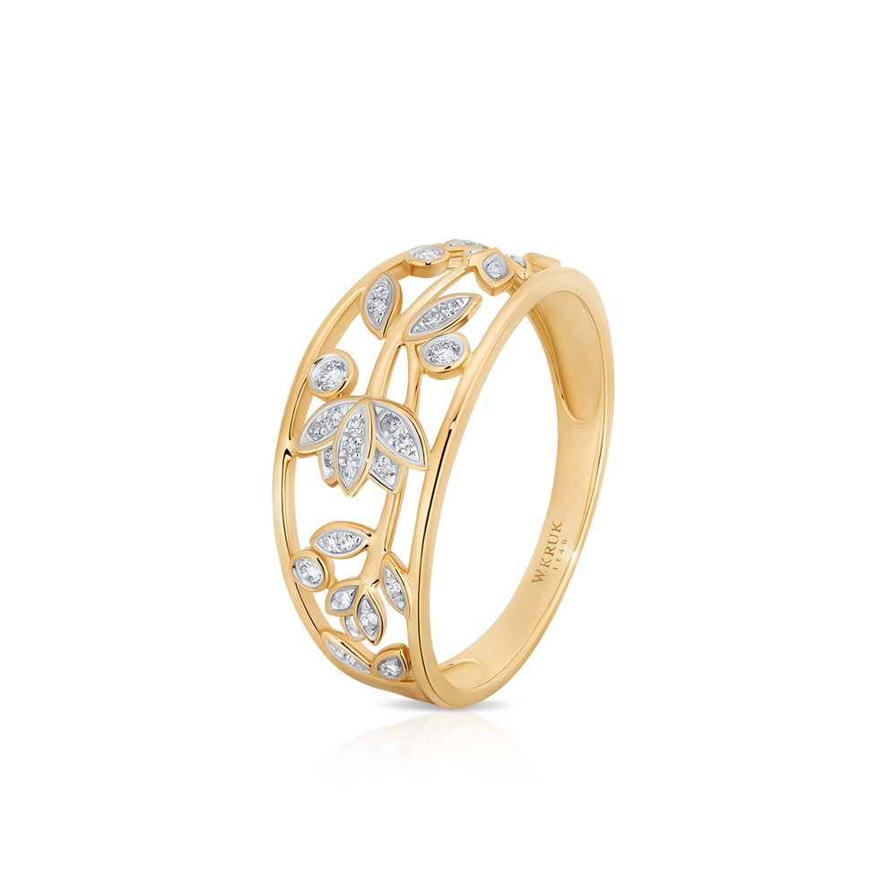 Pierścionek złoty kwiaty z diamentami