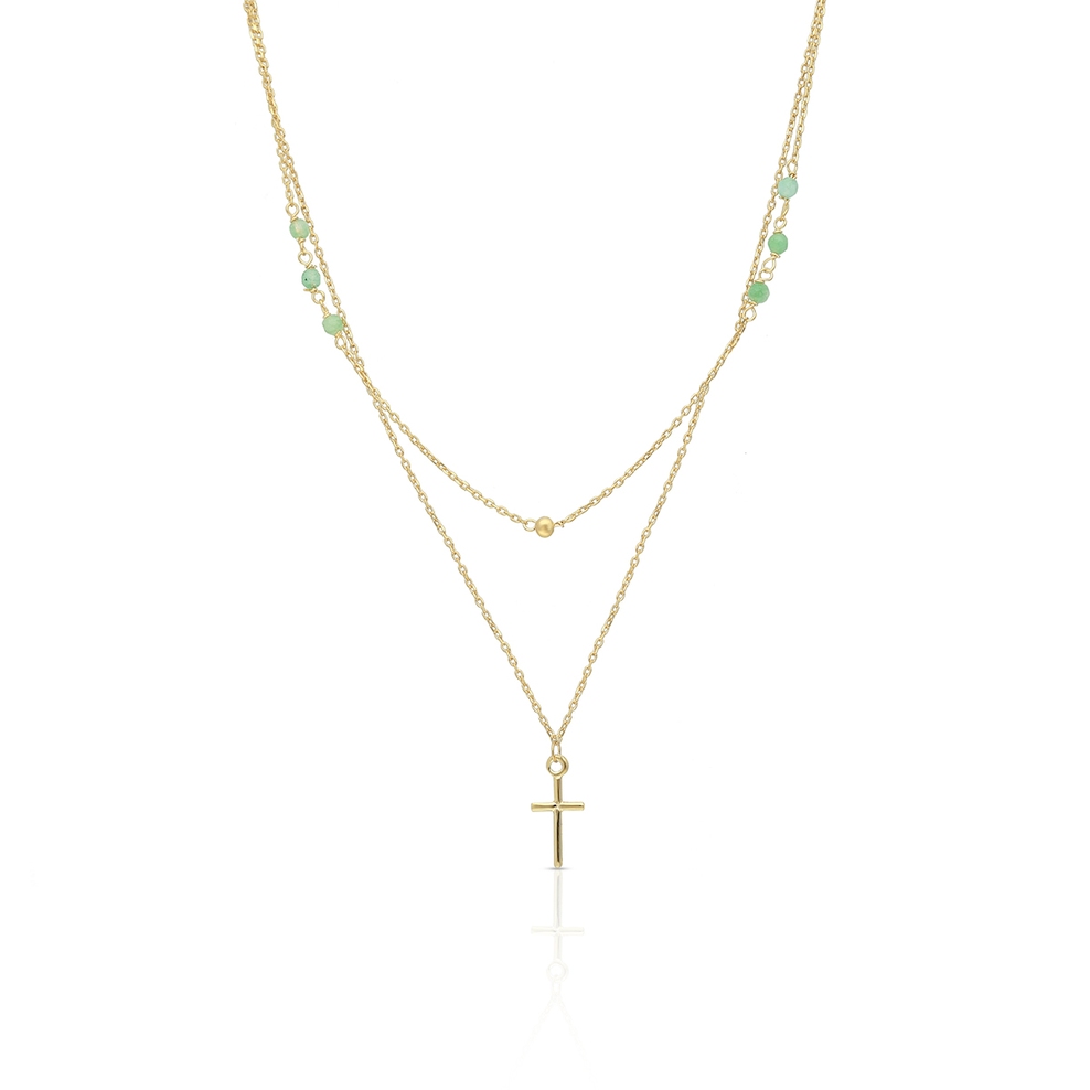 Naszyjnik złoty kaskadowy z jadeitami krzyżyk