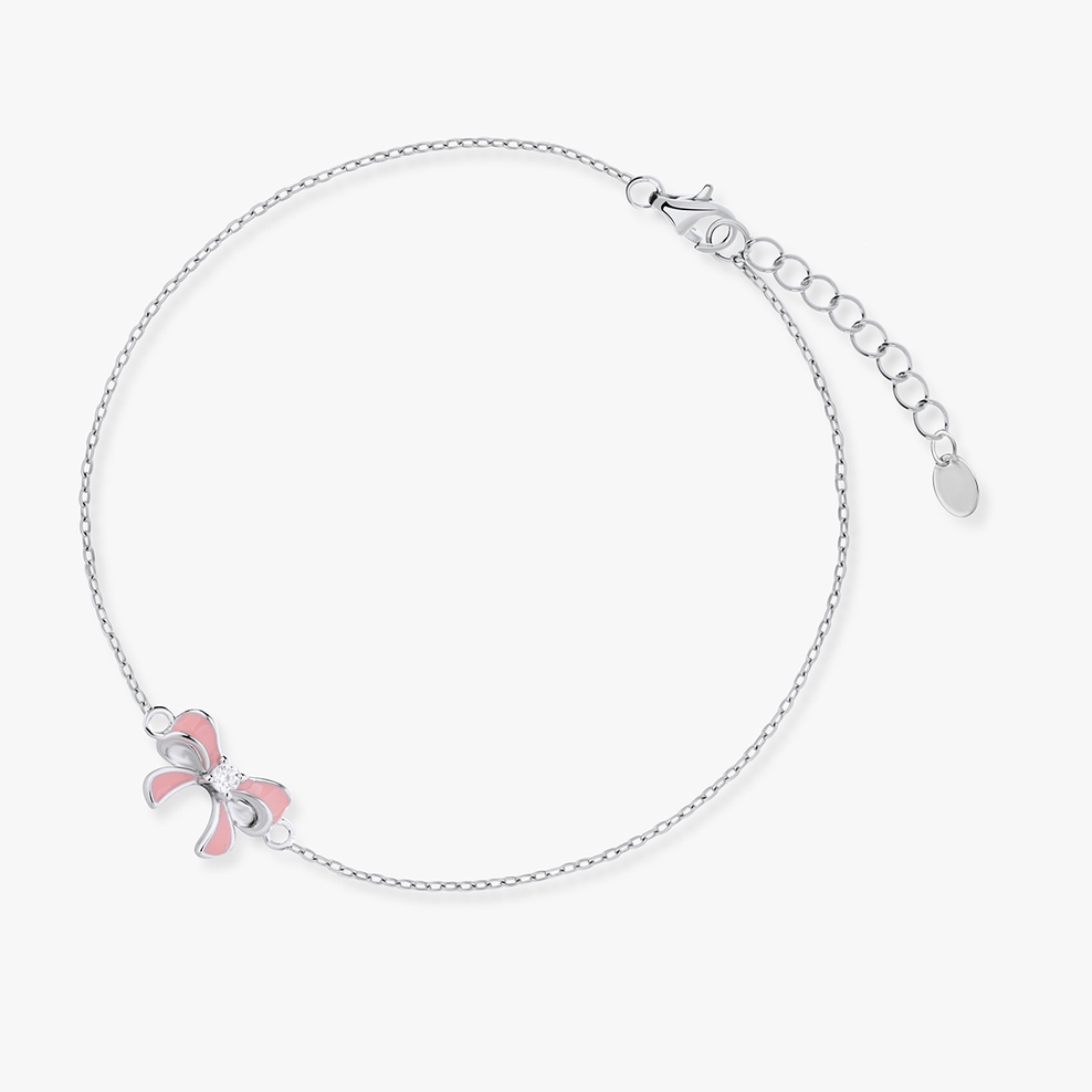 Bransoleta srebrna z różową kokardą