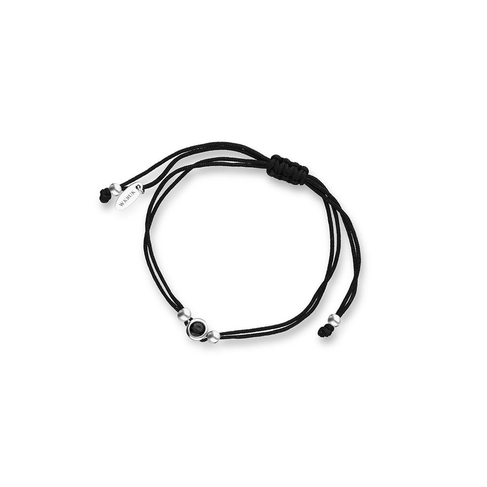 Bransoletka srebrna na czarnym sznurku z cyrkonią