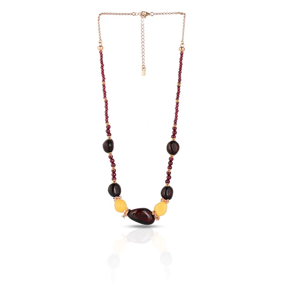 Naszyjnik pozłacany z bursztynami i granatami