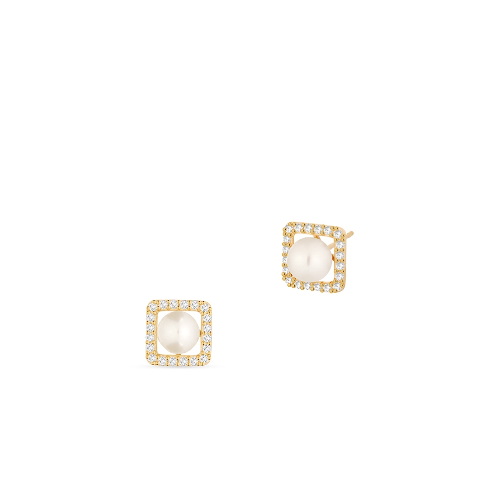 Kolczyki złote z perłą i cyrkoniami