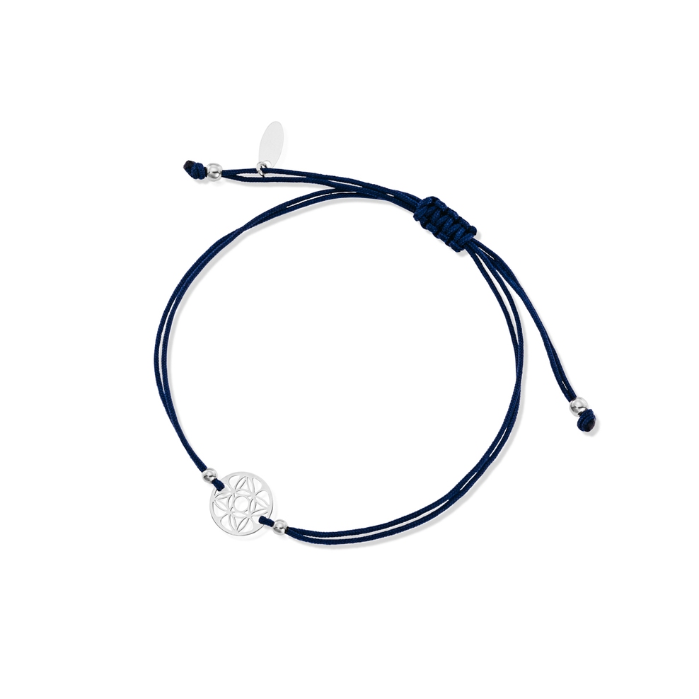 Bransoletka srebrna na granatowym sznurku arabeska
