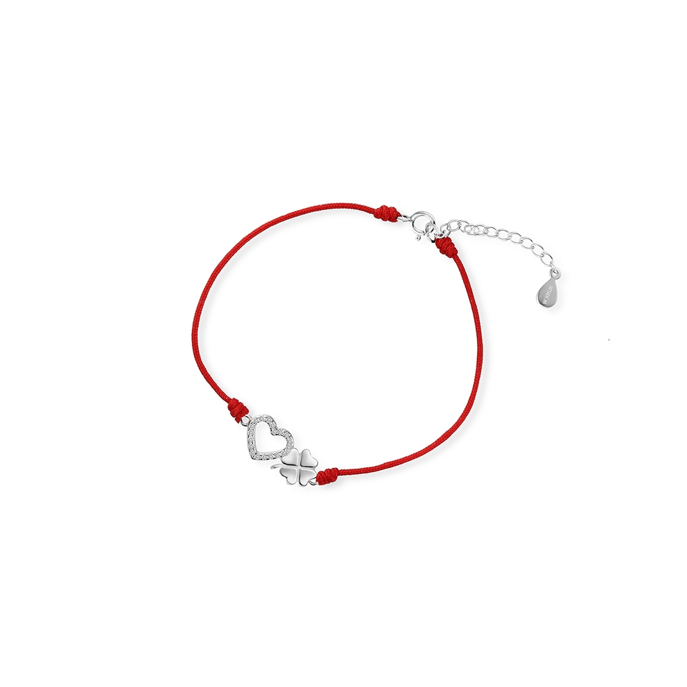 Bransoletka srebrna celebrytka na czerwonym sznurku serce i koniczyna