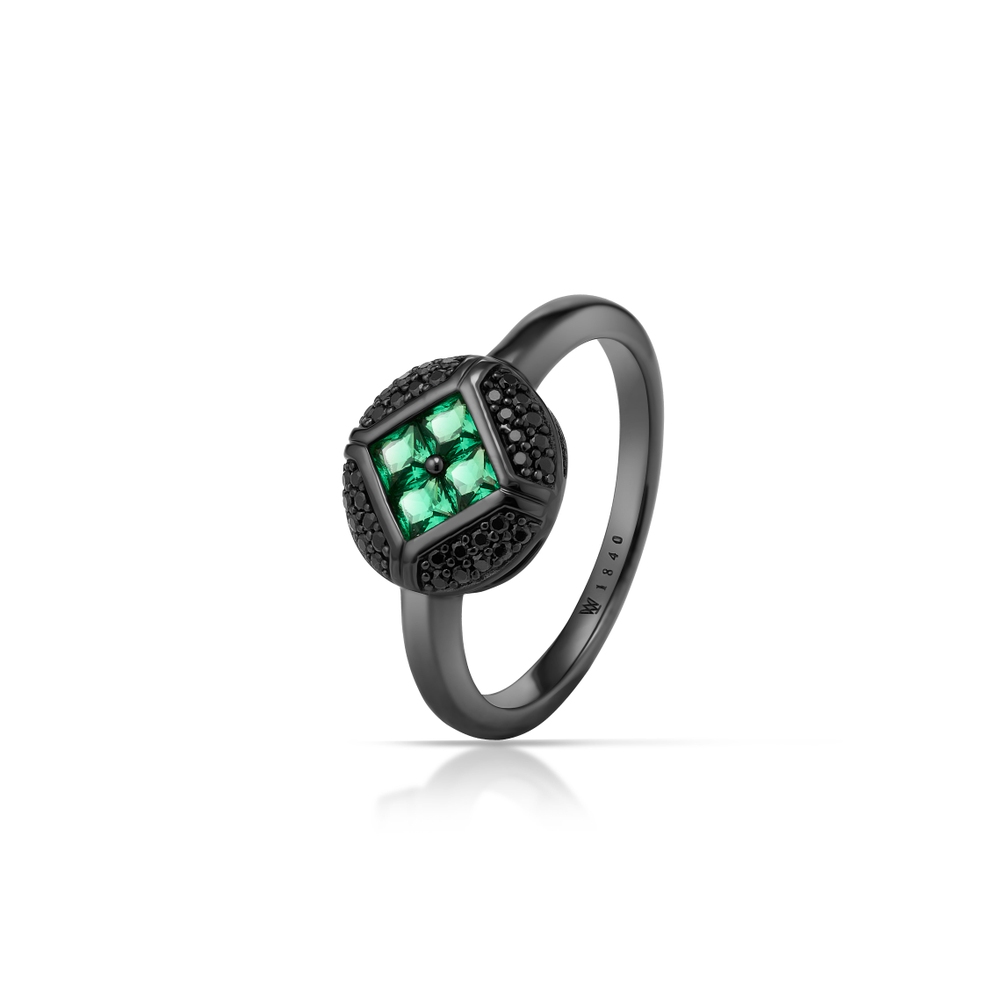 Pierścionek srebrny z czarnymi i zielonymi cyrkoniami METEORY
