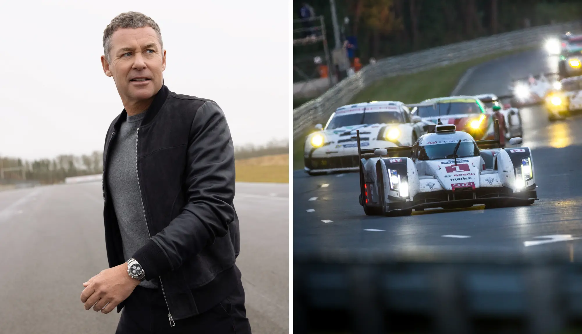 2 obrazy. Pierwszy: mężczyzna w stylowej czarnej kurtce i zegarku Rolex spaceruje po torze wyścigowym. Drugi: samochody wyścigowe na torze o zmierzchu